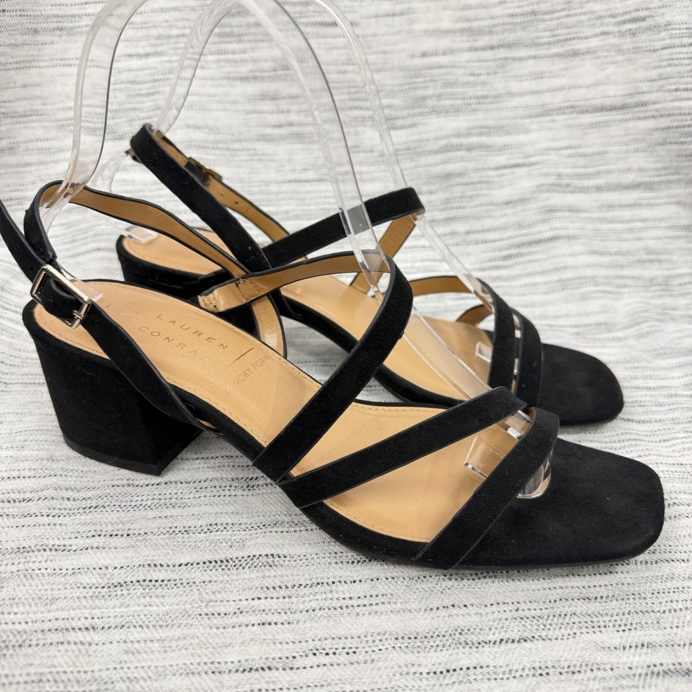 Lauren Conrad Black Suede Block Heel Strappy Sandals Square Toe Sz 7 Dressy